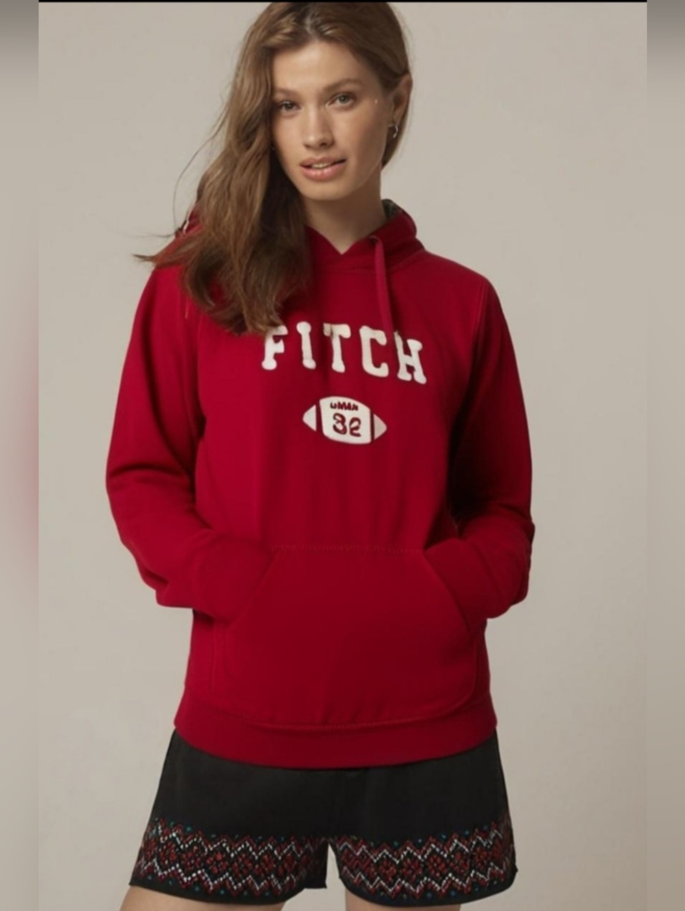 Abercrombie & Fitch Red Football Logo Pullover Hoodie